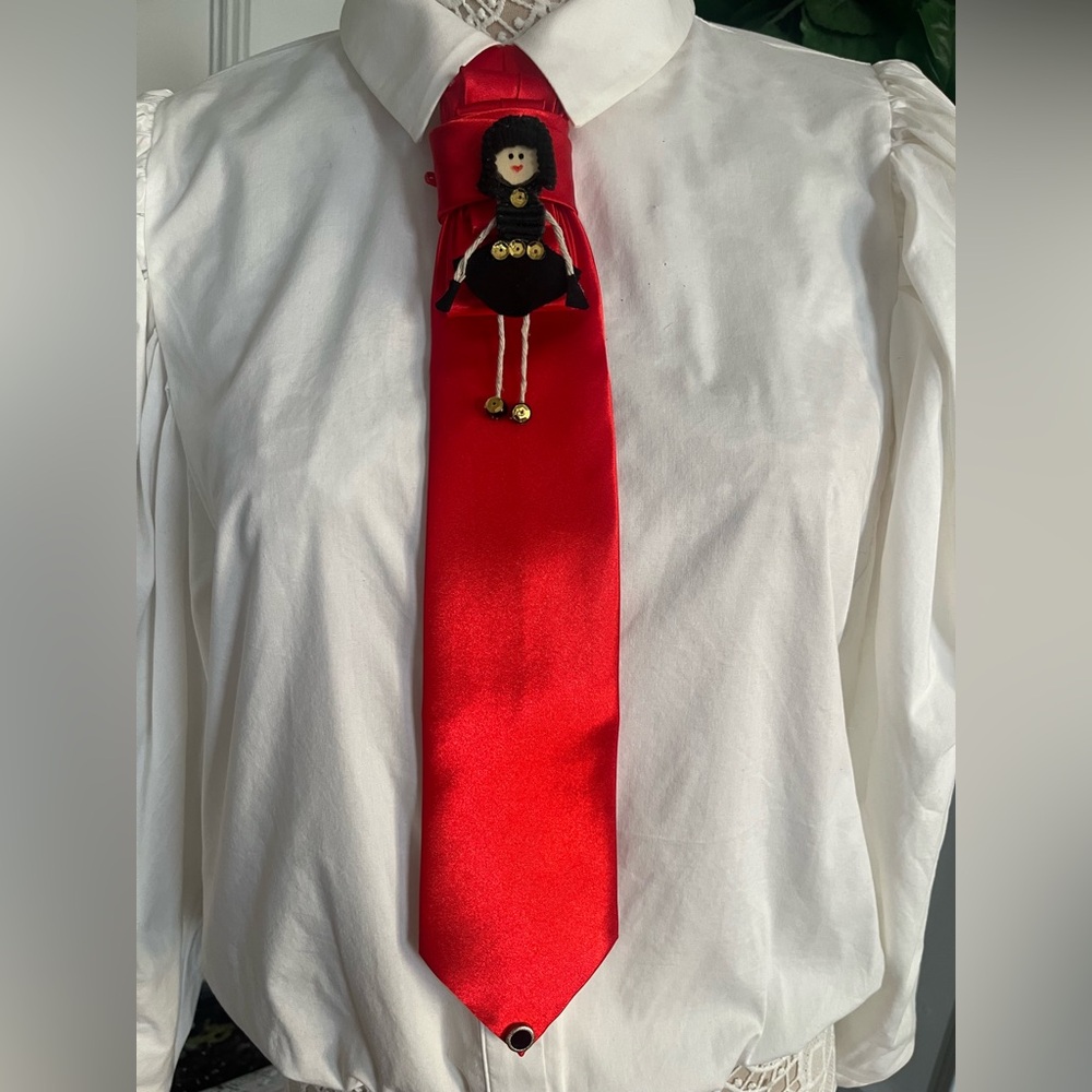 NWT Red women Tie with handmade Doll brooch and pin Accessory